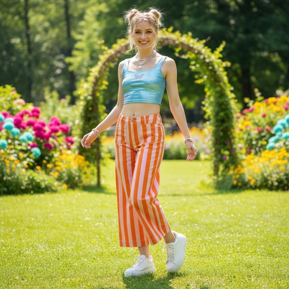 NWOT Orange Pink Striped Wide Leg Cropped Pants Size 2 Candy Stripe Whimsigoth